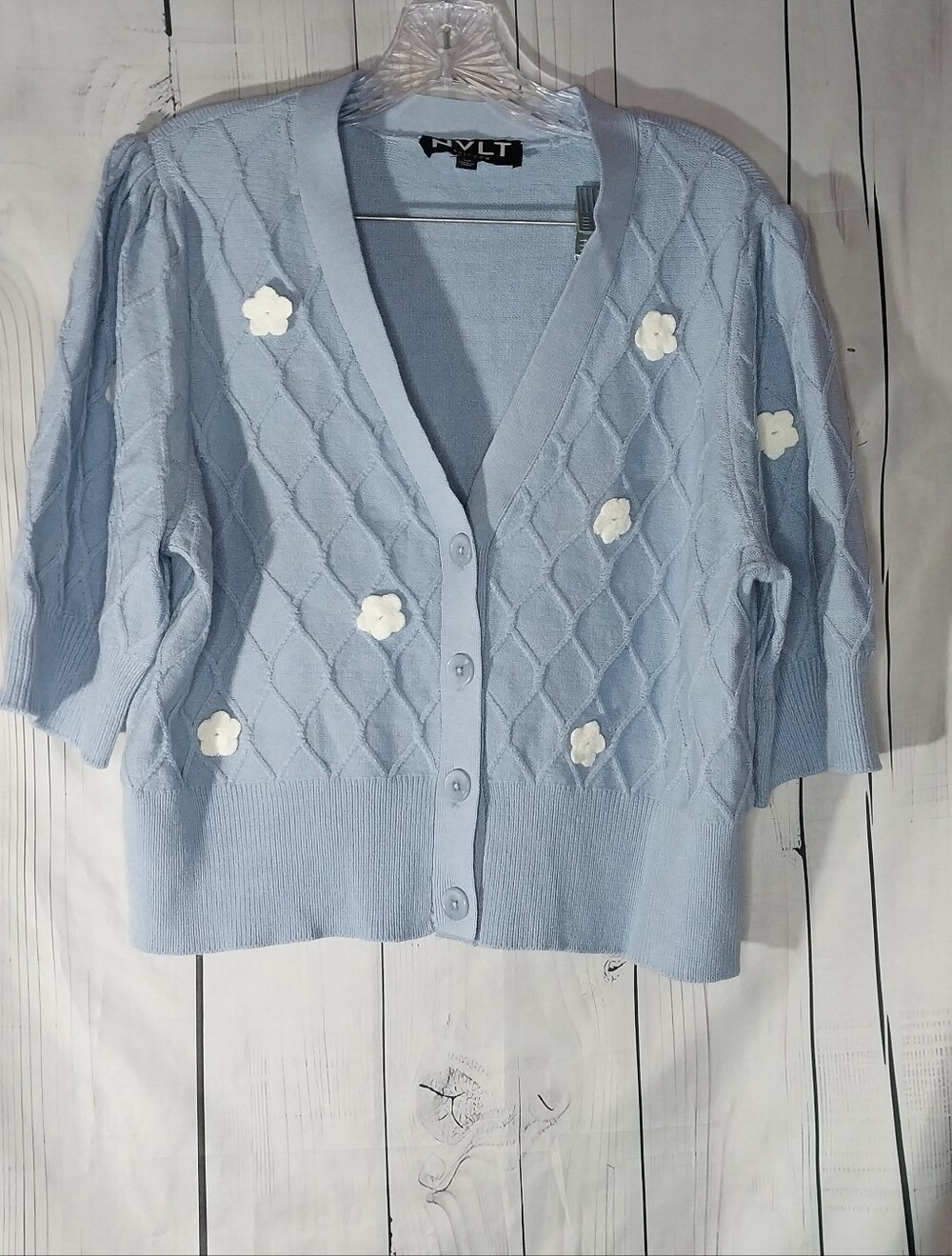 NVLT Light Blue V-Neck Floral Appliqué Spring GrandmaCore Cardigan Sweater